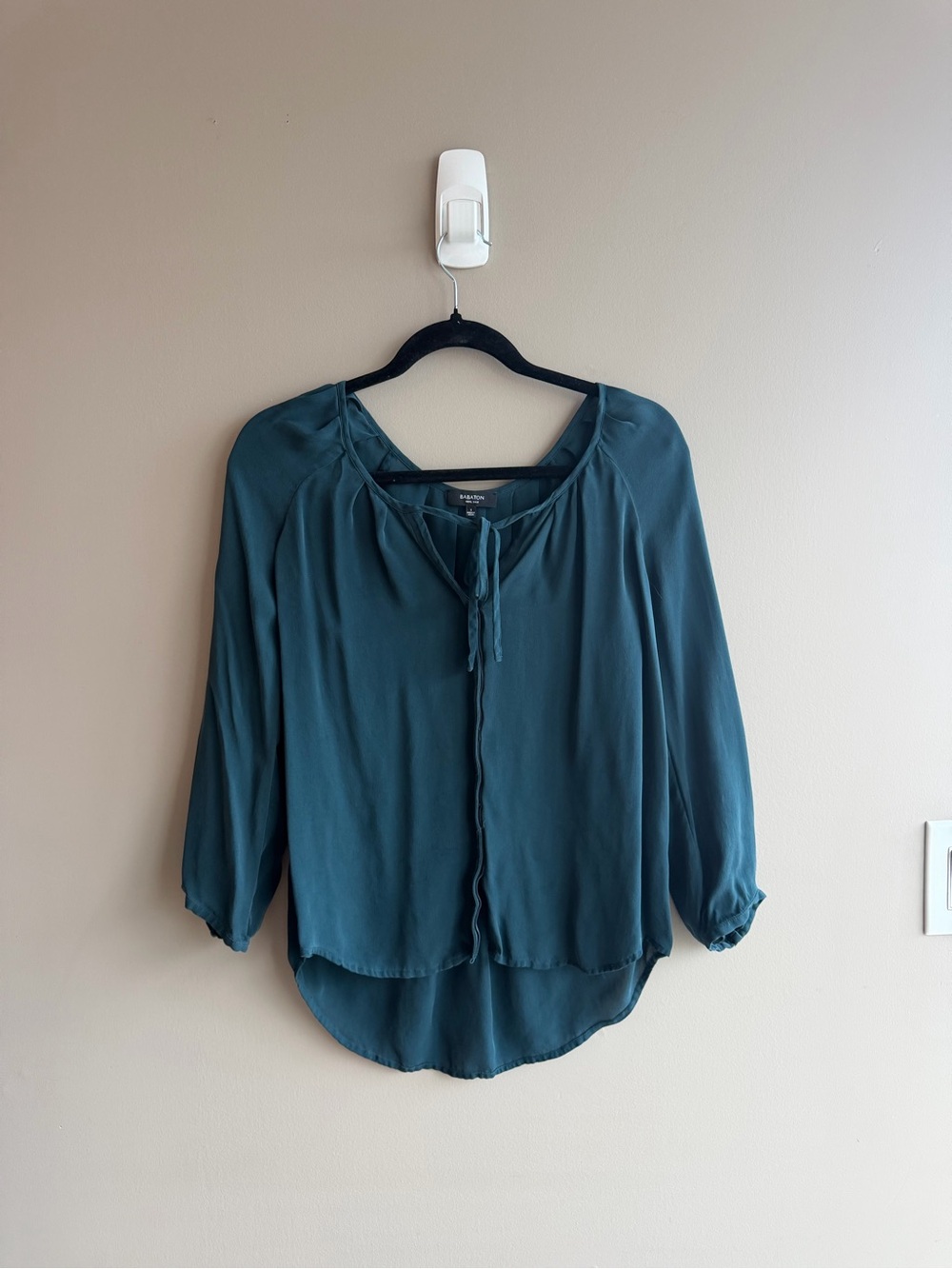 Aritzia Teal 100% Silk Blouse with Tie Neck